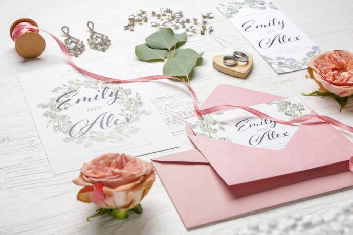 画像：ピンクの封筒と招待状、ピンクのカーネーション