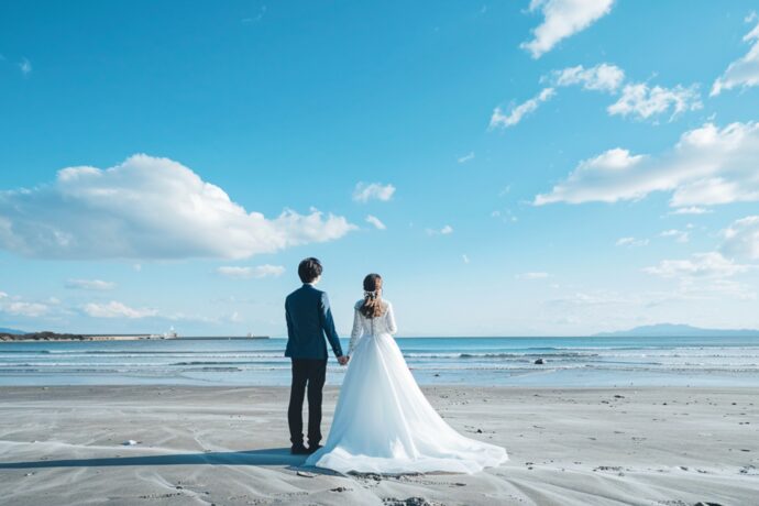 画像：快晴の青空と大海原へ向く花嫁と花婿